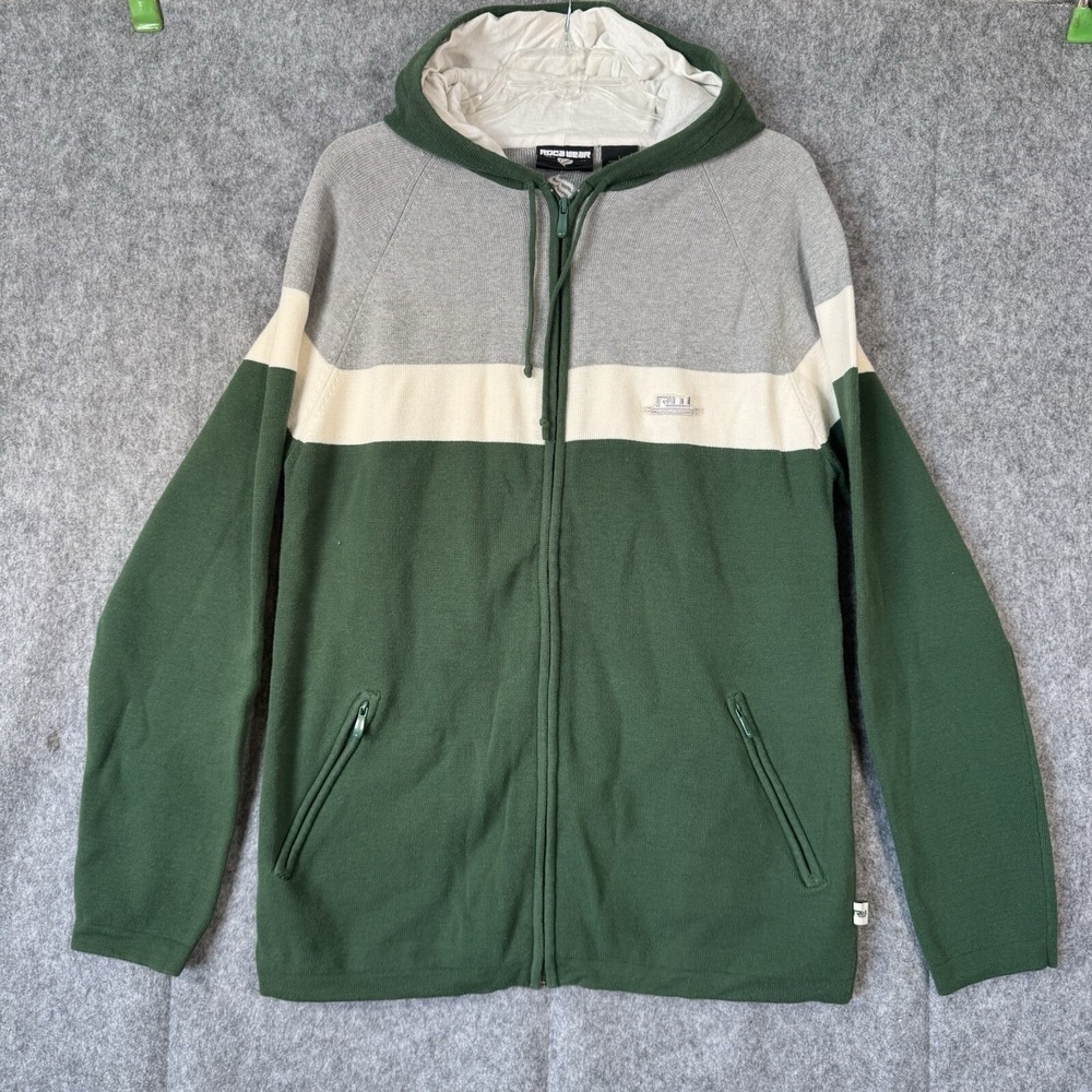 Vtg Y2K Rocawear Sweater Jacket Mens Large Green Striped Knit Hooded Hipster